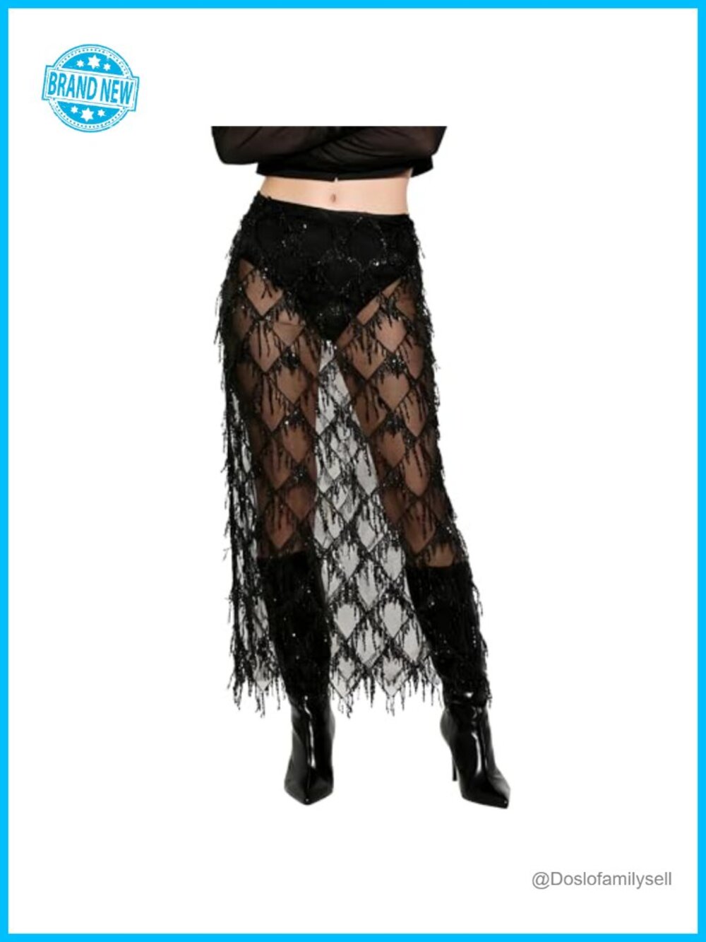 AXX Sequin Fringe Midi Skirt Sheer Mesh Tassel Party Skirt